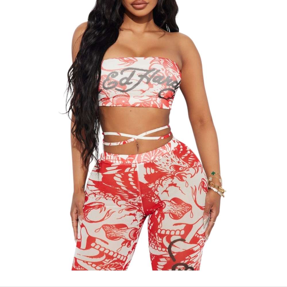 ED HARDY AMOR MESH PANT SET- RED / COMBO SIZE LARGE - Picture 3 of 9